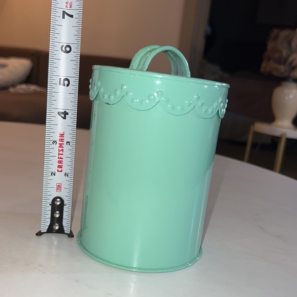 Mint green pastel green dainty metal canister with lid & lid holder 5.25” tall - Picture 2 of 7
